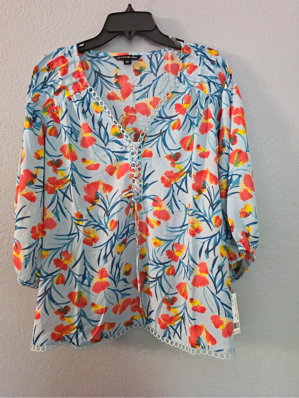 Zac & Rachel Woman Blue/Coral/Yellow Floral V-Neck Lace-Up 3/4 Sleeve Blouse 2X